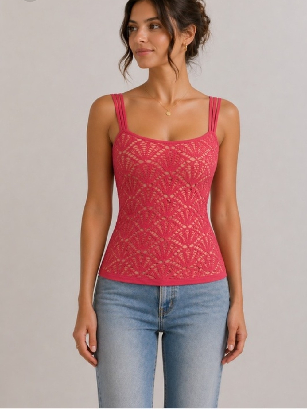 bebe Rose Pink Crochet Knit Tank with Double Straps